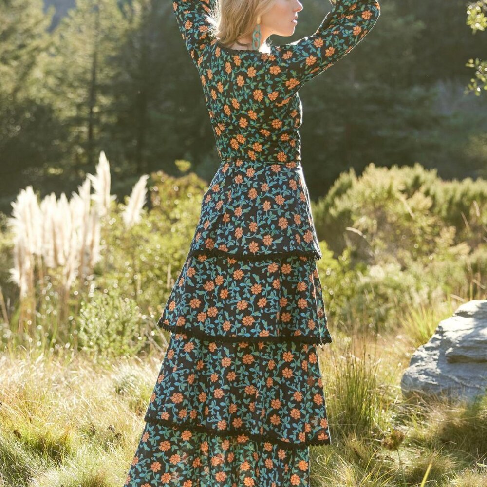 Brenda Tiered Skirt - Faded Black/Bright Clementine & Moss Floral - Picture 3 of 7
